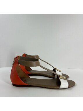 Tory Burch Casey Tricolor T-Strap Flat Sandals Womens 10.5M Leather Orange White